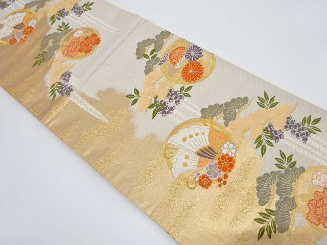 JAPANESE KIMONO / VINTAGE FUKURO OBI / WOVEN PEONY & BUTTERFLY
